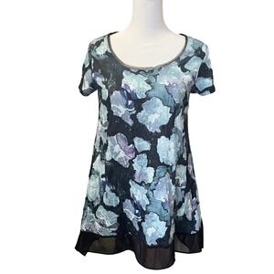 NWOT Simply Vera Vera Wang Floral Tunic Top Women's XS Black Blue Short Sleeve